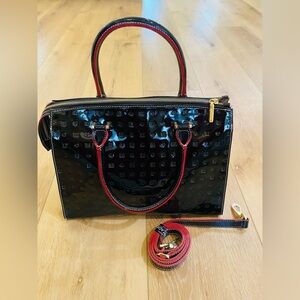 Arcadia Purse Italian Satchel Embossed Patten Leather Black Red Python Accents